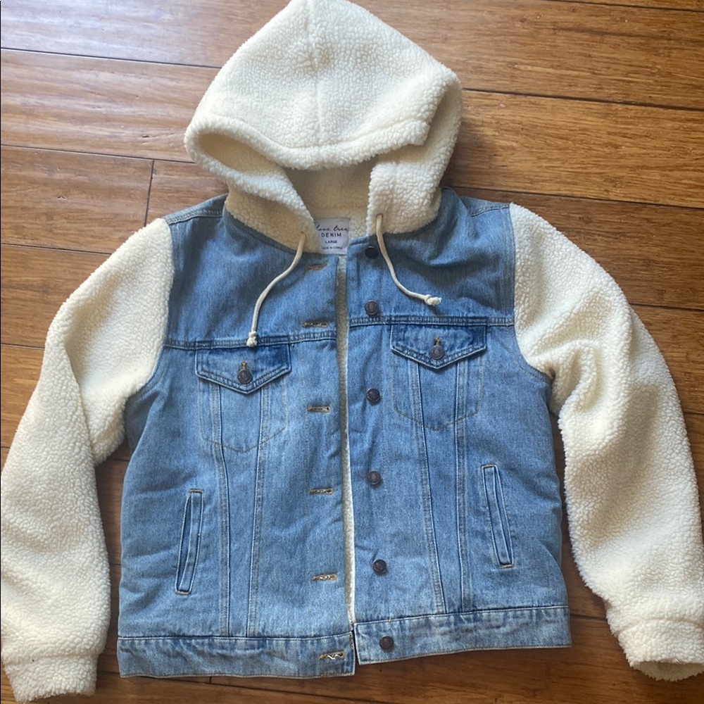 Love Tree Blue and Cream Hooded Jean Jacket